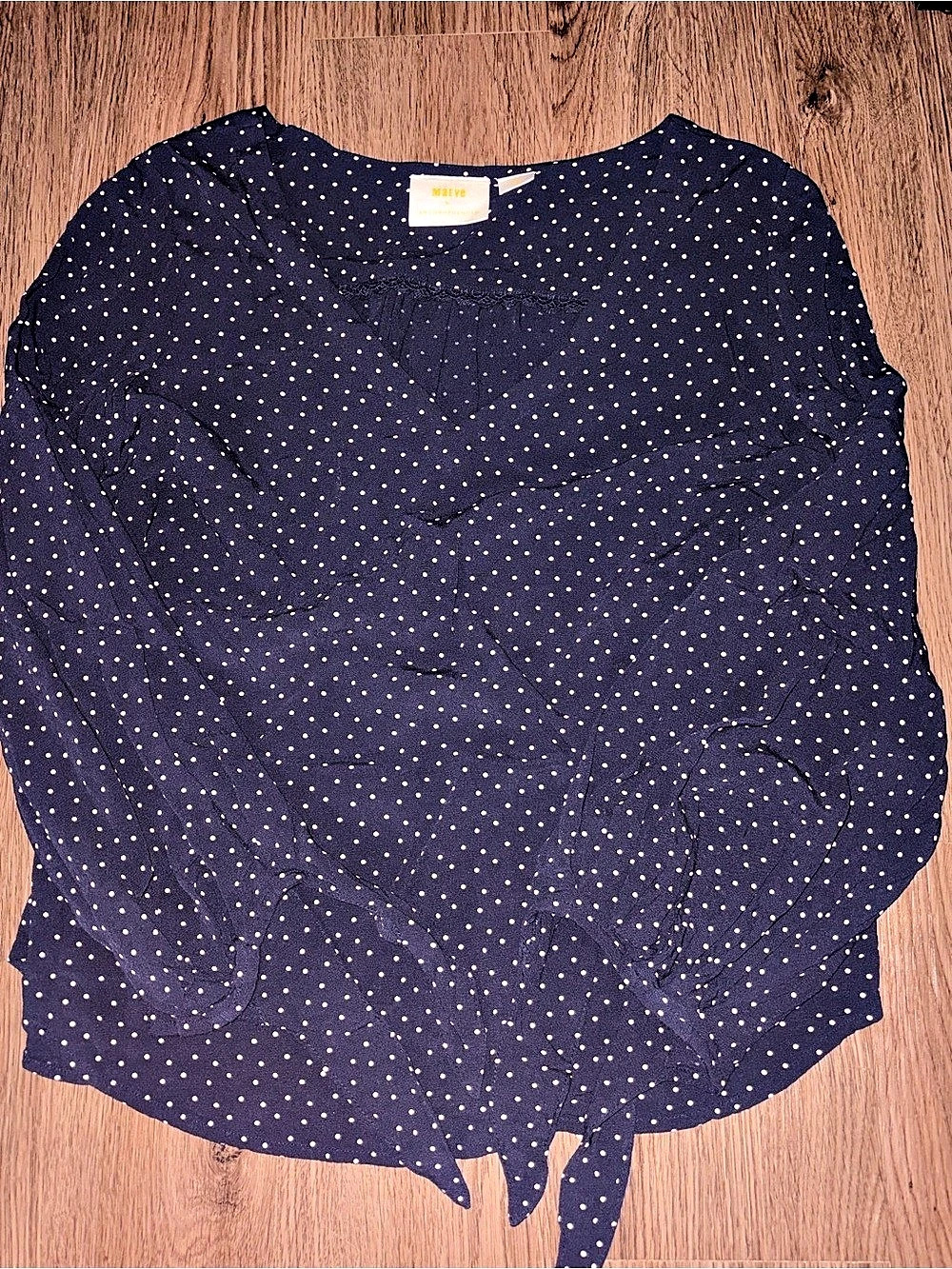 Maeve by Anthropologie Navy Polka Dot Tie Sleeve Blouse Size Small